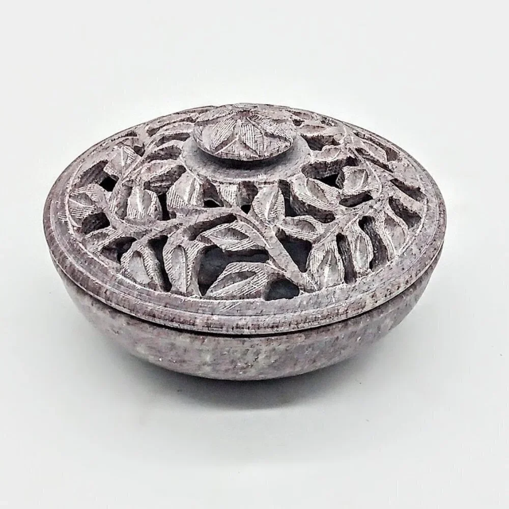 Grey Lavender Hand-Carved Covered Soapstone Round Box